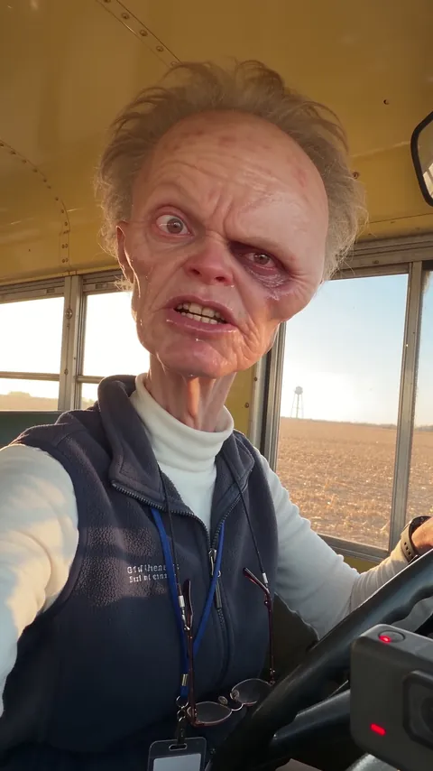 Sharon Albright, school bus driver, at the driver's seat of her school bus in rural Ohio