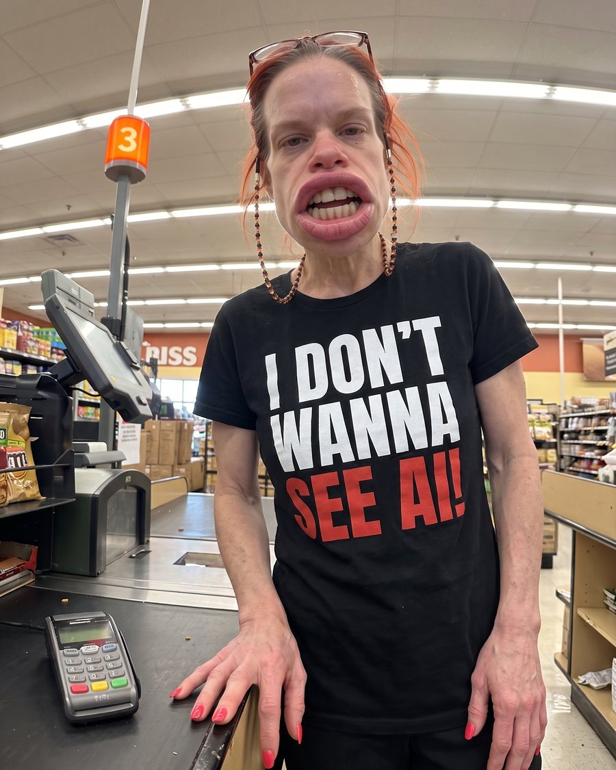 I DON'T WANNA SEE AI! Tee, worn by Brenda Kowalski