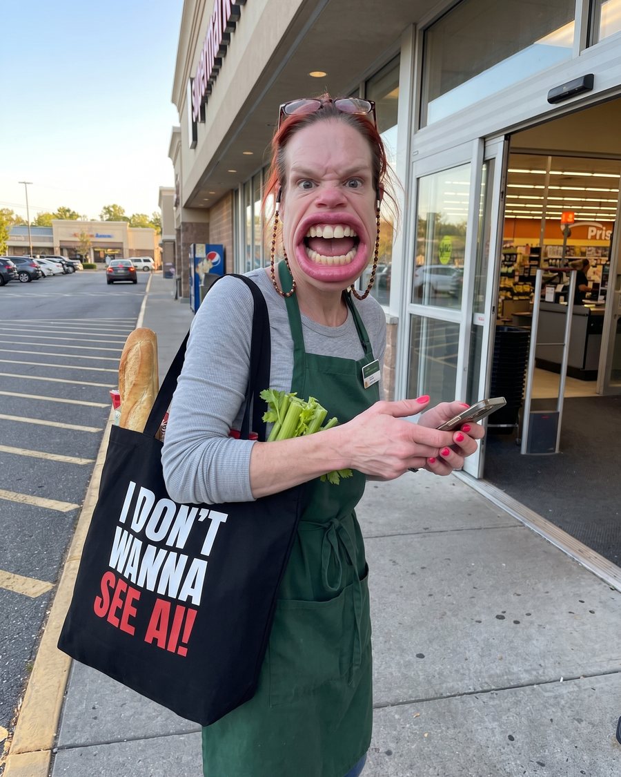 I DON'T WANNA SEE AI! Tote, carried by Brenda Kowalski